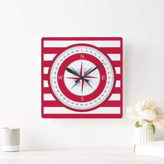 コンパスバラ赤と白ストライプの数 スクエア壁時計 (ホーム)