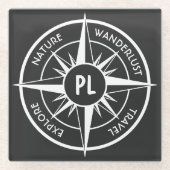 コンパス星エンブレムモノグラム白黒 ガラスコースター (正面)