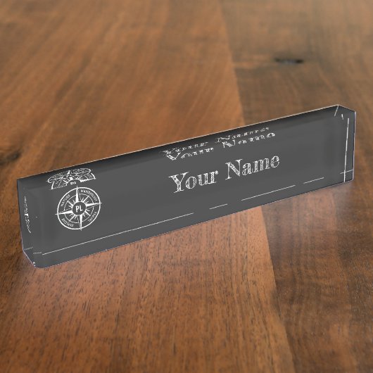 コンパス星エンブレムモノグラム白黒 デスクネームプレート (側面)