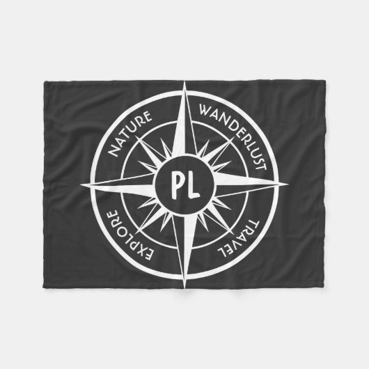 コンパス星エンブレムモノグラム白黒 フリースブランケット (正面(横))