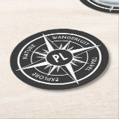 コンパス星エンブレムモノグラム白黒 ラウンドペーパーコースター (アングル)