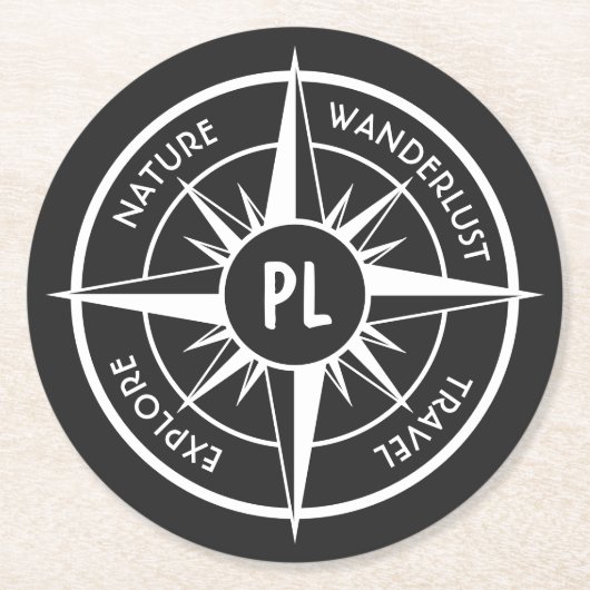 コンパス星エンブレムモノグラム白黒 ラウンドペーパーコースター (正面)