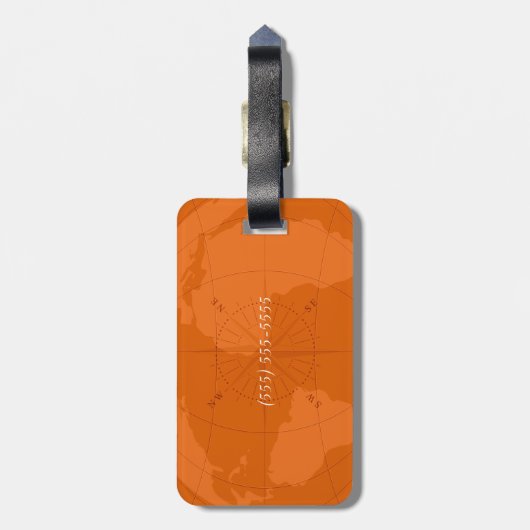 コンパス面図のモノグラムが付いているオレンジ世界地図 ラゲッジタグ (裏面縦)