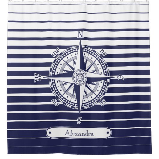 コンパス面図の青い縞の浴室 シャワーカーテン (正面)