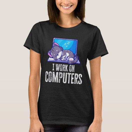 コンピュータで作業するCat引用文Tech Coding Cat 2 Tシャツ (正面)