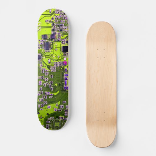 コンピュータギーク回路基板ネオンイエロー スケートボード (正面)