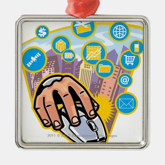 コンピュータマウスの手のクローズアップ メタルオーナメント (正面)