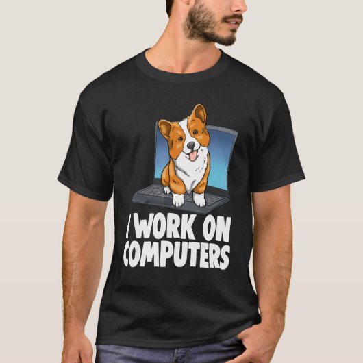 コンピューターで仕事をするコーギー女の子は犬の医者を愛してる Tシャツ (正面)