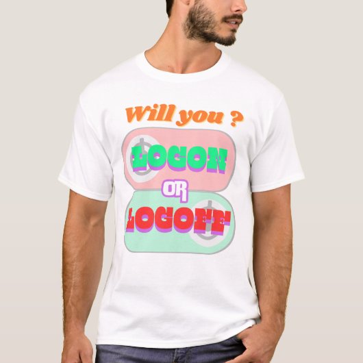 コンピューターと格闘中 ログイン/ログオフ Tシャツ (正面)