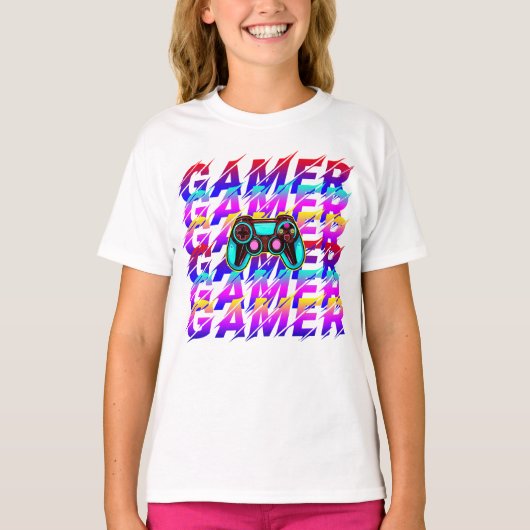 コンピューターコントローラーのゲーマー文字体裁の繰り返しテキスト Tシャツ (正面)