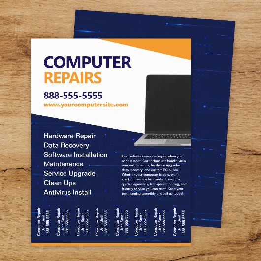 コンピューター修理のチラシテンプレート（切り取り式連絡先付き） チラシ