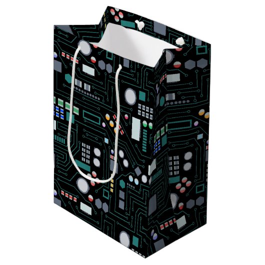 コンピューター回路基板パターン オフィス装飾 ミディアムペーパーバッグ (正面アングル)