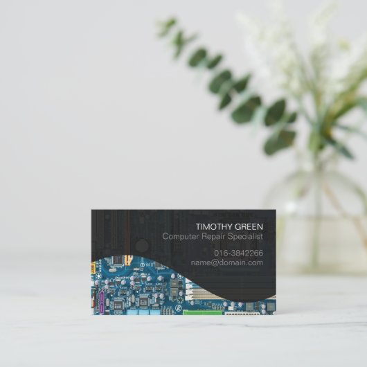 コンピュータ修理スペシャリストのマザーボード回路 名刺 (スタンド正面)