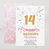 コンフェッティグリッター 14歳の誕生日招待状 招待状 (正面/裏面)