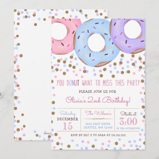 コンフェッティピンクとゴールドのドーナツ誕生日パーティー 招待状 (正面/裏面)