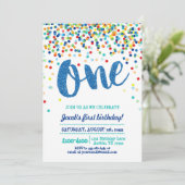 コンフェッティ ブルー グリッター 1歳 誕生日招待状 招待状 (スタンド正面)