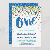 コンフェッティ ブルー グリッター 1歳 誕生日招待状 招待状 (正面/裏面)