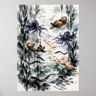 コンブの森の水墨画ウォーターカラーアート ポスター