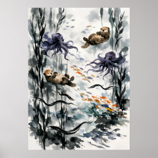 コンブの森の水墨画ウォーターカラーアート ポスター