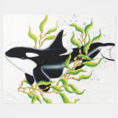 コンブ林水墨画オルカ鯨 フリースブランケット (正面(横))