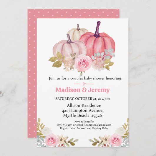コーエドカボンプキンピンクガールズベビーシャワー招待状 招待状 (正面/裏面)