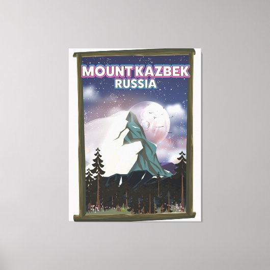 コーカサスの眠れる巨人、ロシアのカズベク山の旅行ポスター。 キャンバスプリント (正面)