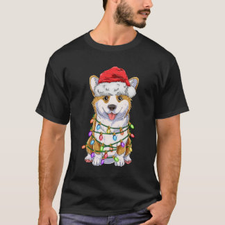 コーギおもしろいクリスマスツリーライトギフトサンタハットD Tシャツ