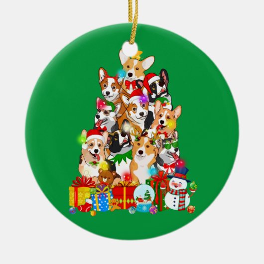 コーギおもしろいクリスマスツリーライトパピーコーギドッグ セラミックオーナメント (正面)