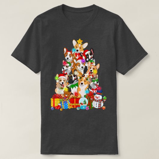 コーギおもしろいクリスマスツリーライトパピーコーギドッグ Tシャツ (デザイン正面)
