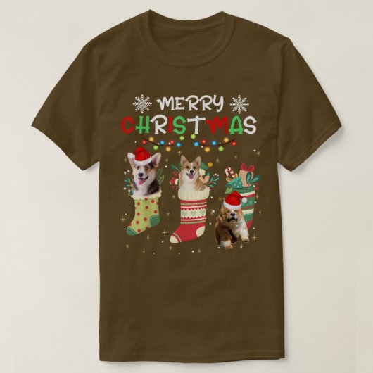 コーギおもしろいクリスマスライトドッグ恋人 Tシャツ (デザイン正面)