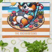 コーギおもしろいドッグトランプのポーカー選手オンバケーション キッチンタオル (折り畳み)