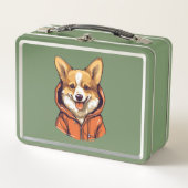 コーギおもしろい着用フード付きスウェットシャツ メタルランチボックス (正面)