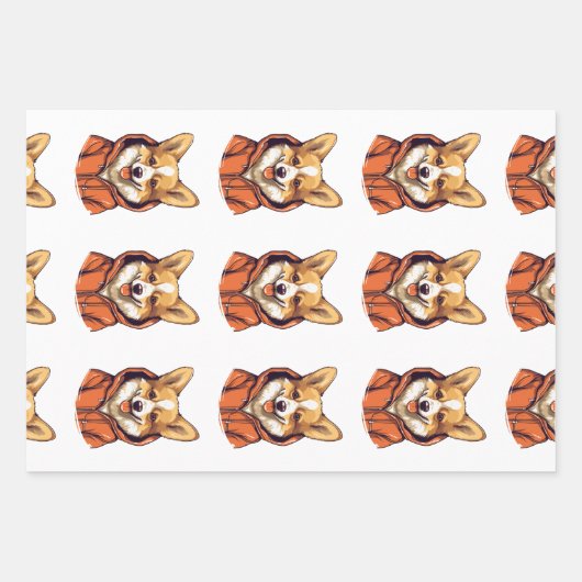 コーギおもしろい着用フード付きスウェットシャツ ラッピングペーパーシート (正面)