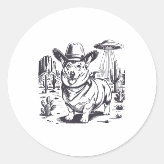 コーギおもしろいUfo西カウボーイヴィンテージ90s 80s ラウンドシール (正面)