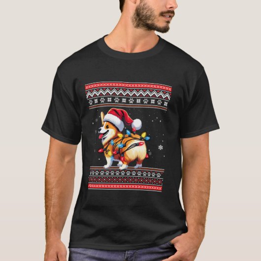 コーギお尻おもしろい醜いサンタハットスノーフレークスライト Tシャツ (正面)