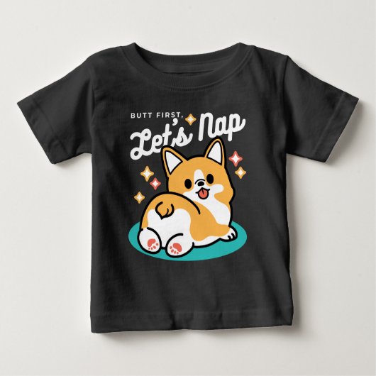 コーギお尻と昼寝ビーブス – かわいい眠り犬 ベビーTシャツ (正面)