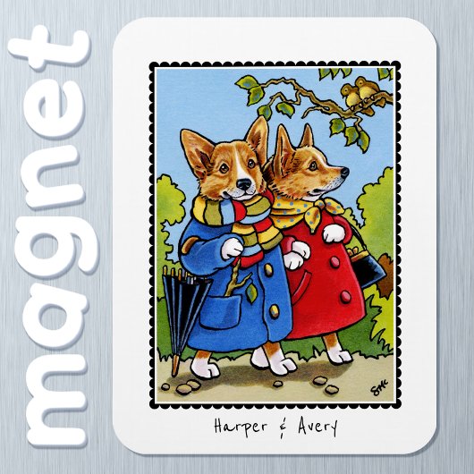 コーギお洒落ドッグイラストレーション名前をカスタムする マグネット