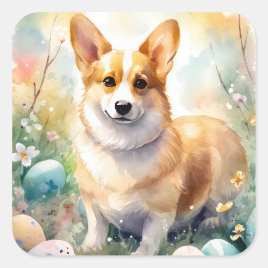 コーギとイースターエッグホリデー スクエアシール (正面)
