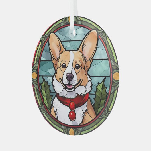コーギのステンドグラスのクリスマス ガラスオーナメント (正面左)