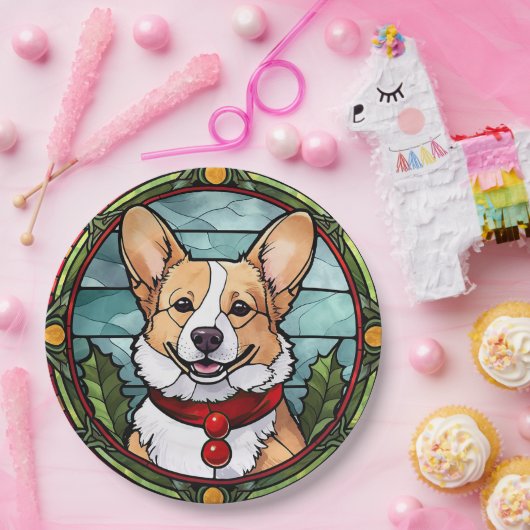 コーギのステンドグラスのクリスマス ペーパープレート (パーティー)