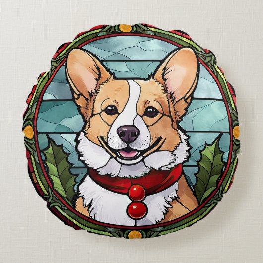 コーギのステンドグラスのクリスマス ラウンドクッション (正面)