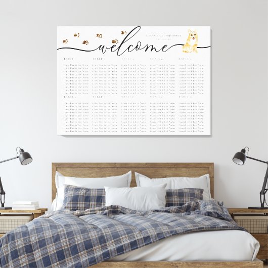 コーギの子犬の歓迎シーティングテーブル番号 キャンバスプリント (インサイチュ (寝室))