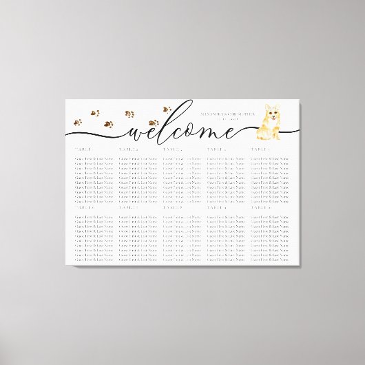 コーギの子犬の歓迎シーティングテーブル番号 キャンバスプリント (正面)
