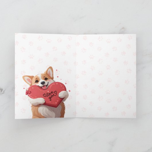 コーギよくはしゃぐアイウォフユー赤いハートドッグバレンタイン カード (内部)