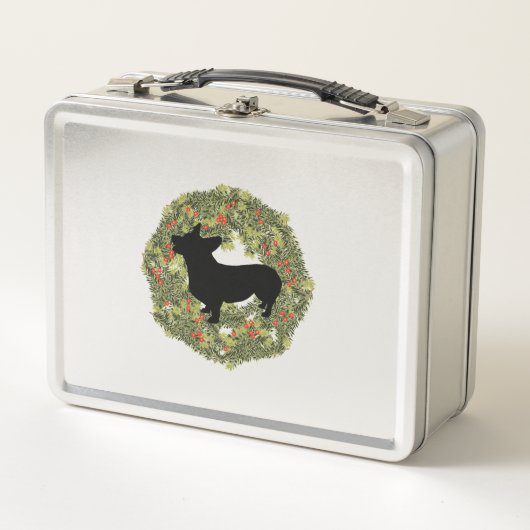 コーギをリースで見上げる影のシルエット メタルランチボックス (正面)
