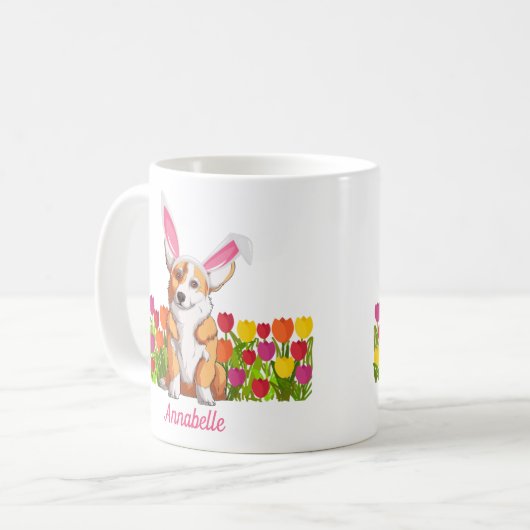 コーギイースターバニーの花かわいパーソナライズされたい コーヒーマグカップ (正面左)