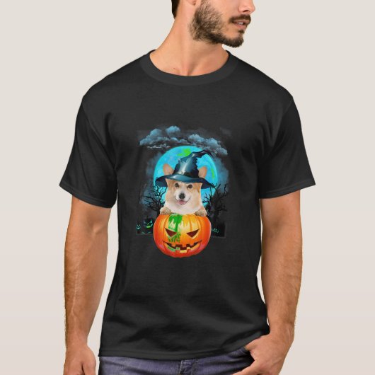 コーギウィッチハットカボチャとブルームーンハロウィーンT Tシャツ (正面)