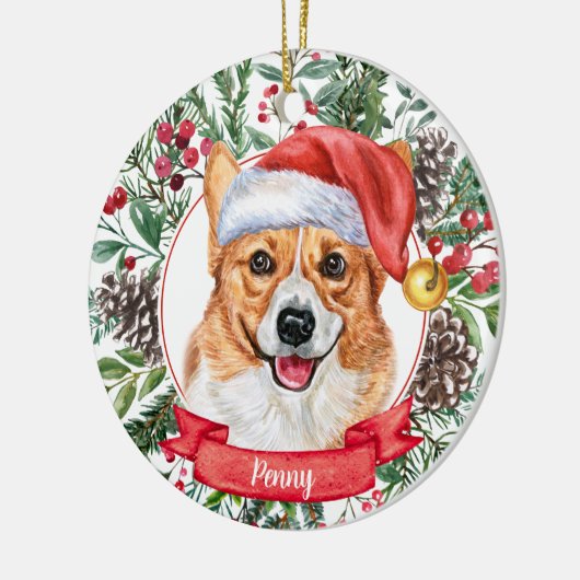 コーギカスタムドッグサンタハットクリスマスオーナメント セラミックオーナメント (左)