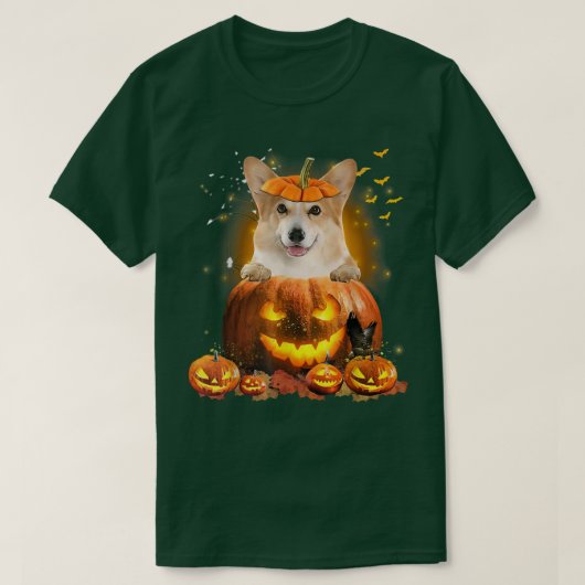 コーギカボチャおかしい可愛い犬の恋人ハロウィーン Tシャツ (デザイン正面)