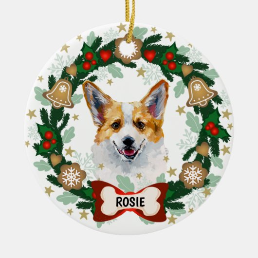 コーギキュートドッグクリスマスキュートドッグクッキーリース セラミックオーナメント (正面)